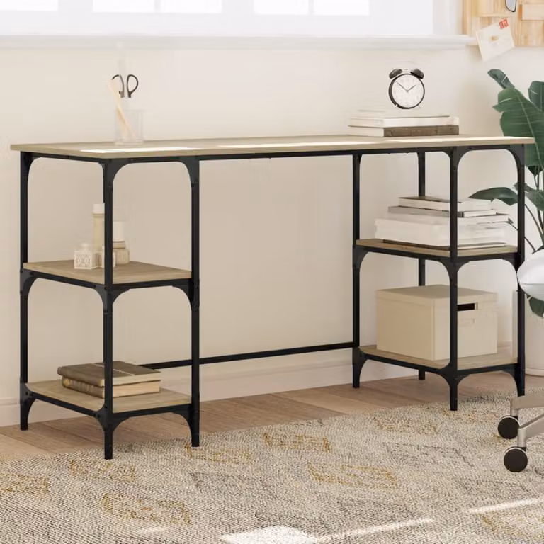 Scrivania da ufficio vidaXL in stile industriale con piano in legno rovere e struttura in metallo, L 140 cm x P 50 cm x H 75 cm