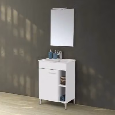Mobile bagno a terra Martha Inbagno bianco lucido con armadietto specchio e illuminazione LED L: 60 cm, P: 39 cm, H: 85 cm