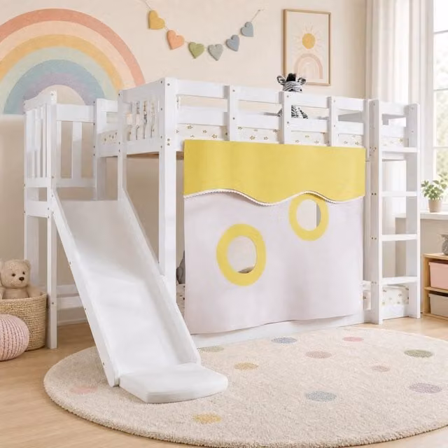 Letto a castello Mivray per bambini a 2 livelli in pino e MDF bianco con scala, H 244.5 x L 90 x P 200 cm
