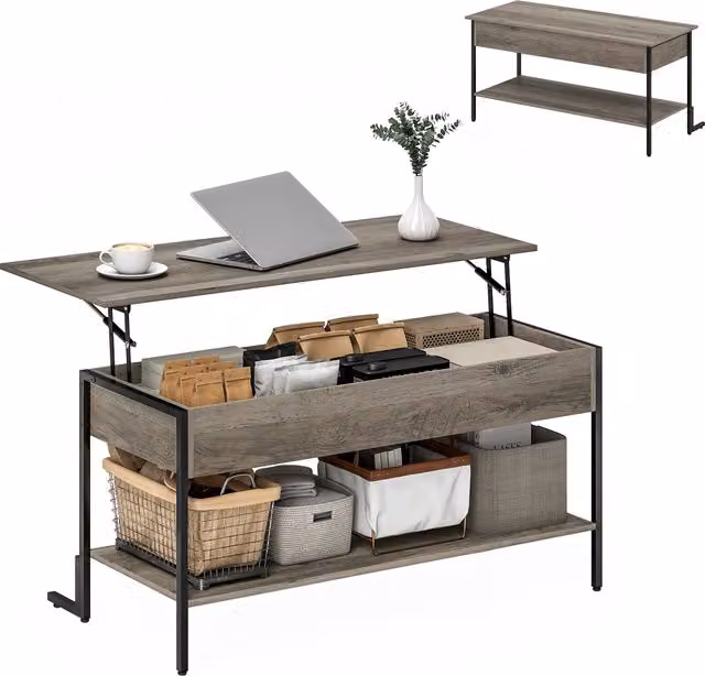 Tavolino da salotto HOMCOM con piano sollevabile, vano nascosto e ripiano aperto, grigio, L 95 cm x P 40 cm x H 59 cm