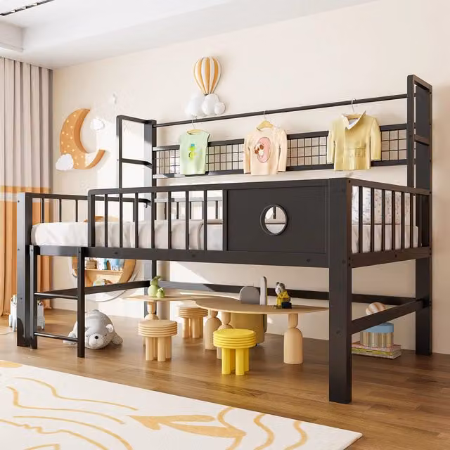 Letto a soppalco basso per bambini MINIMAL in metallo nero L/P/H: 200 x 90 x 125,5 cm