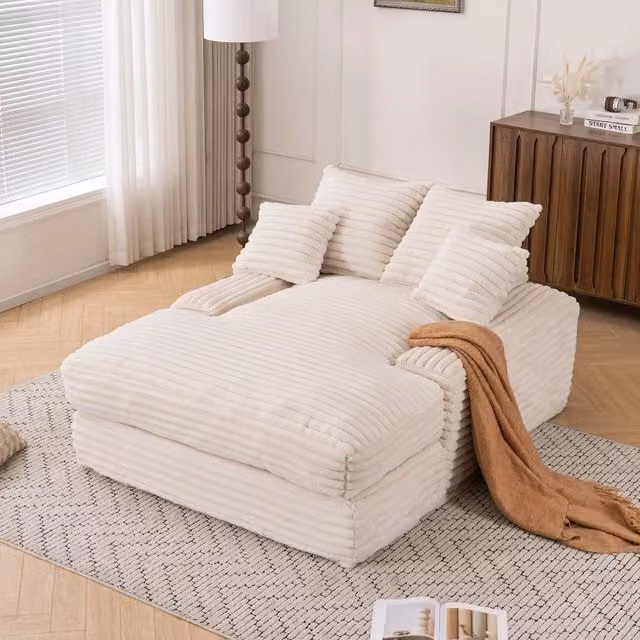 Chaise Longue Moderna REDOM in Tessuto Corduroy Beige con Cuscini Inclusi L/P/H: 135 x 165 x 58 cm