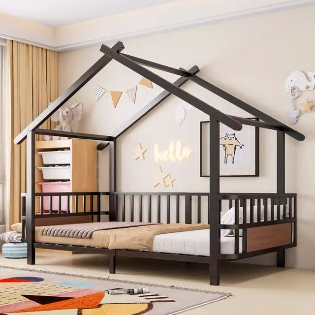 Letto a casetta Mivray per bambini con telaio in metallo nero e rete a 15 doglie L/P/H: 200 x 90 x 168,5 cm