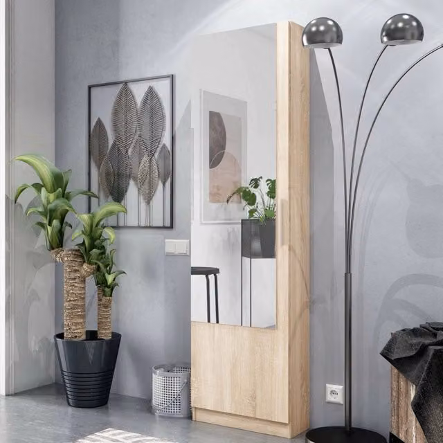 Scarpiera Euro DMORA con specchio, armadio porta scarpe moderno per ingresso, L/P/H: 50 x 22 x 180 cm, Rovere