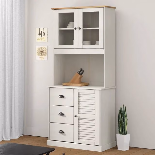 Mobile a parete vidaXL in legno di pino rustico bianco con ante in vetro e cassetti, L: 78 cm, P: 40 cm, H: 175 cm