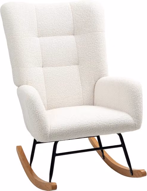 Sedia a Dondolo Xylo in Velluto Teddy Bianco Crema con Struttura in Metallo e Legno, L/P/H: 70 x 120 x 94 cm