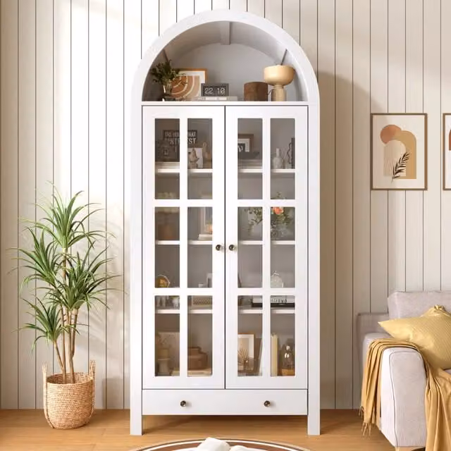 Vetrina Mivray moderna con ante in vetro trasparente e struttura in MDF bianco opaco, H 170.5 x L 75 x P 35 cm