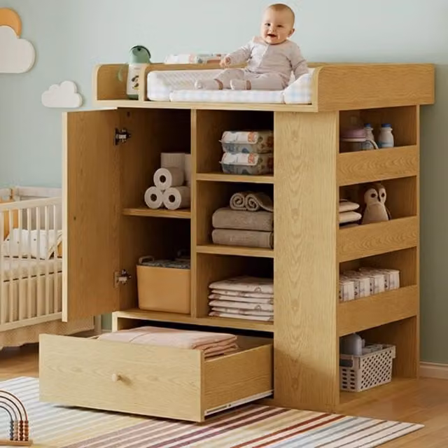 Cassettiera Fasciatoio per Bambini Minimal in Legno Naturale Beige con Cassetti e Scaffale L/P/H: 76.5 x 40.5 x 76.5 cm