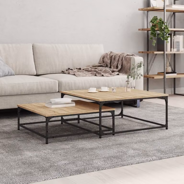 Set di 2 tavolini impilabili vidaXL in legno e metallo color rovere, design moderno per soggiorno o ufficio