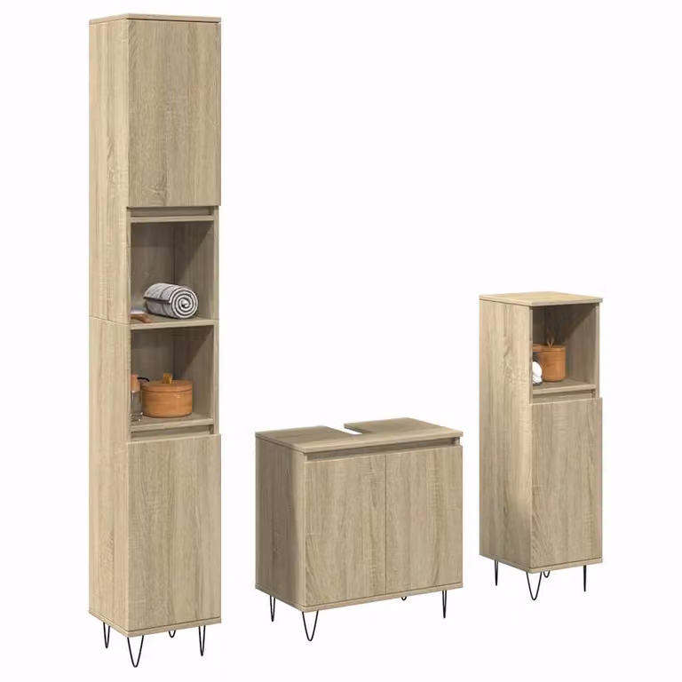 Set di mobili da bagno industrial vidaXL composto da 3 pezzi in legno e metallo, colore marrone e beige, con mobile lavabo, colonna alta e mobile laterale