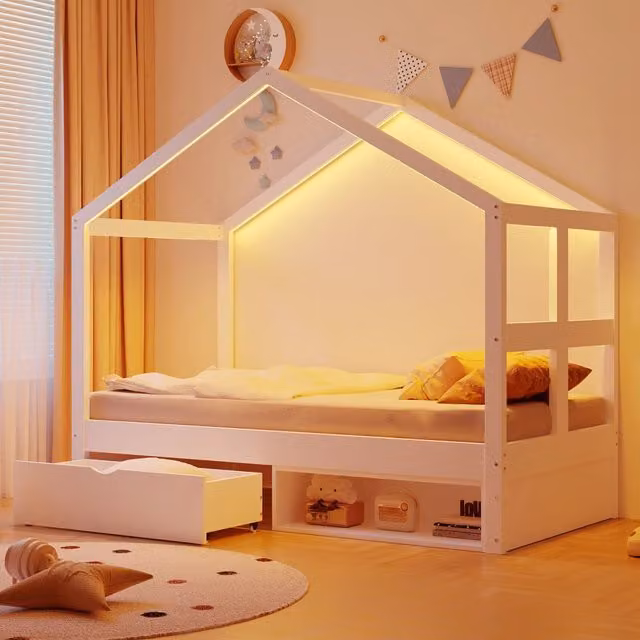 Letto a casetta Mivray per bambini in legno bianco con cassetto e illuminazione LED multicolore L/P/H: 190 x 90 x 173,7 cm
