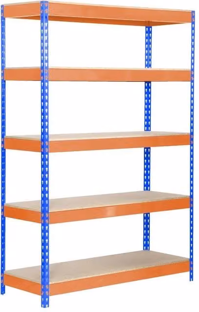 Scaffale in metallo Simon Rack con 5 ripiani, colore blu, arancio e legno, H 200 cm x L 120 cm x P 45 cm