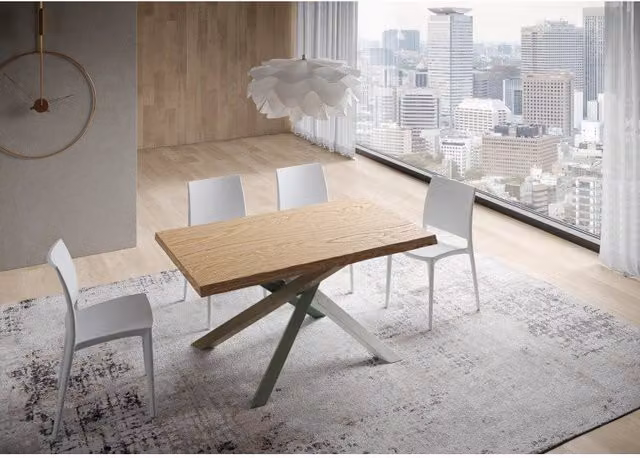 Tavolo allungabile moderno ITAMOBY in legno di rovere con bordo live edge e telaio a X, L/P/H: 140-240 x 90 x 75 cm, multicolore