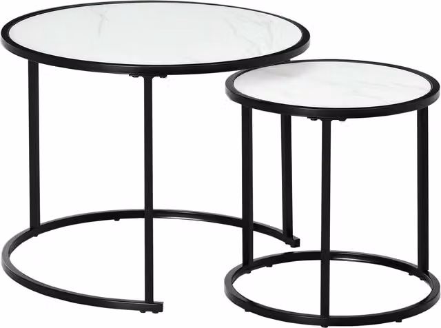 Set di 2 tavolini da salotto rotondi impilabili HOMCOM con effetto marmo bianco e struttura in metallo