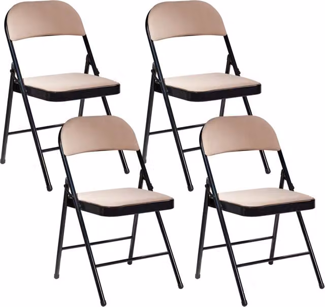 Set di 4 sedie pieghevoli Beliani in metallo con sedile e schienale imbottiti in tessuto, colore beige e nero, impilabili per casa e ufficio