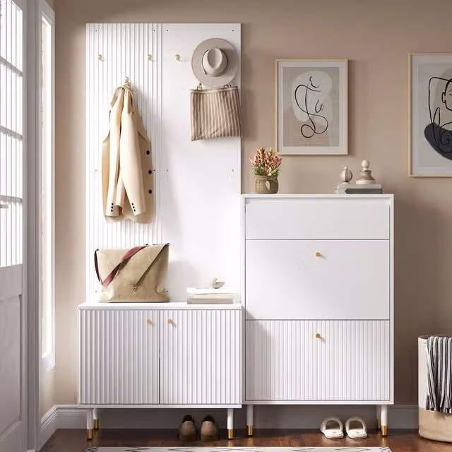 Set ingresso Minimal bianco con appendiabiti e scarpaio a 2 ante in truciolato e metallo H: 180 cm, L: 120 cm, P: 35 cm