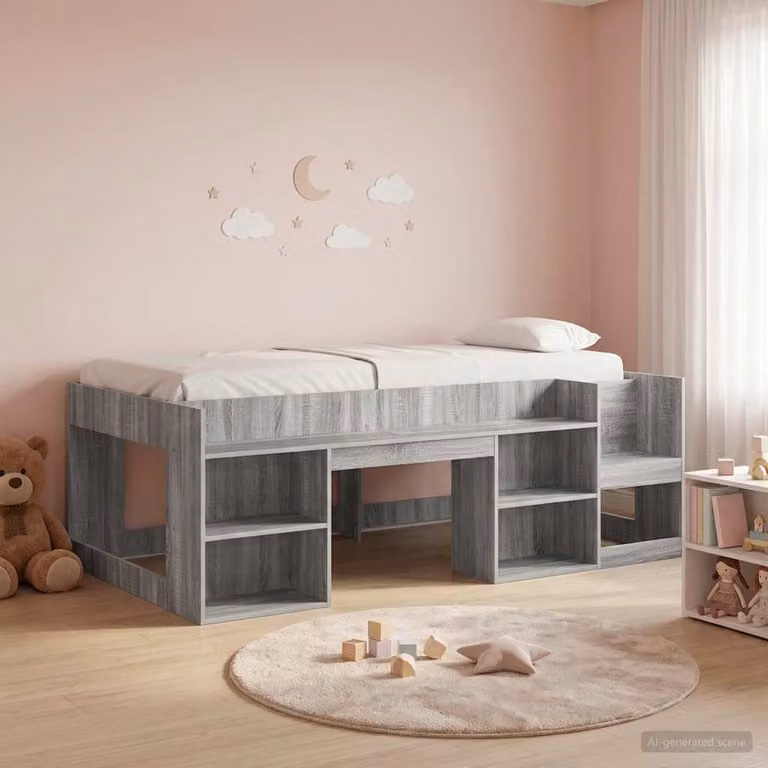 vidaXL Struttura Letto Singolo Rialzato per Bambini con Ripostiglio e Scala, Grigio, L/P/H: 200 x 120 x 127 cm