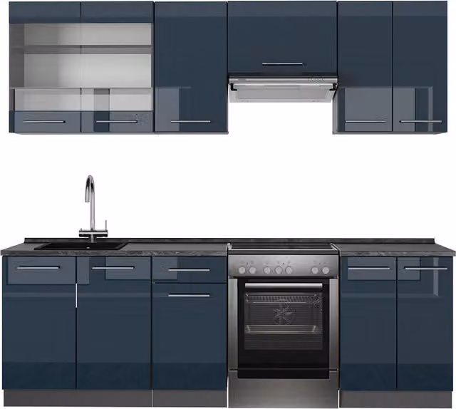 Mobili da cucina Vicco Fame-Line Blu scuro lucido e Antracite, larghezza: 240 cm
