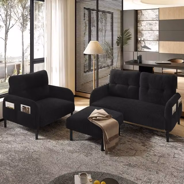 Set da soggiorno MIVRAY composto da divano a 2 posti, poltrona e pouf in velluto a coste nero con struttura in metallo e legno