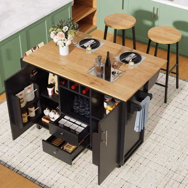 Set cucina Mivray con isola mobile e 2 sgabelli in MDF e metallo nero con piano pieghevole e vani portaoggetti