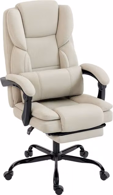 Sedia da ufficio reclinabile HOMCOM in finta pelle beige con poggiapiedi, braccioli e rotelle, L: 65 cm, P: 67 cm, H: 111-119 cm