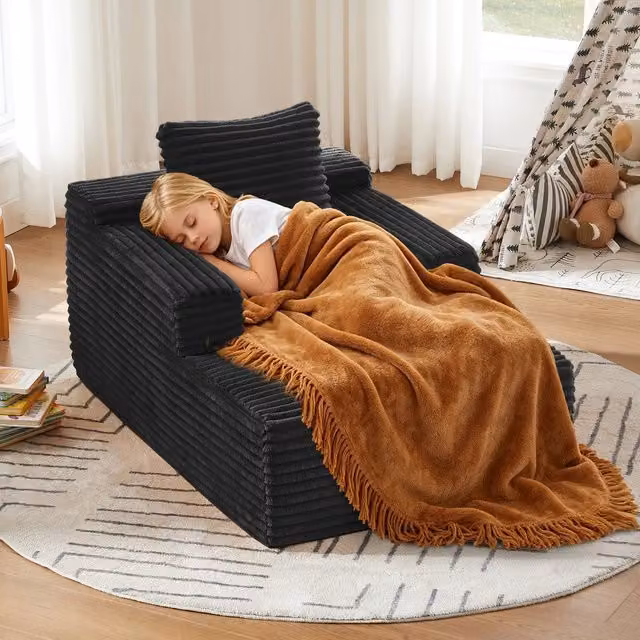 Divano letto Chaise Longue Minimal in tessuto velluto nero a 3 posti con forma a L
