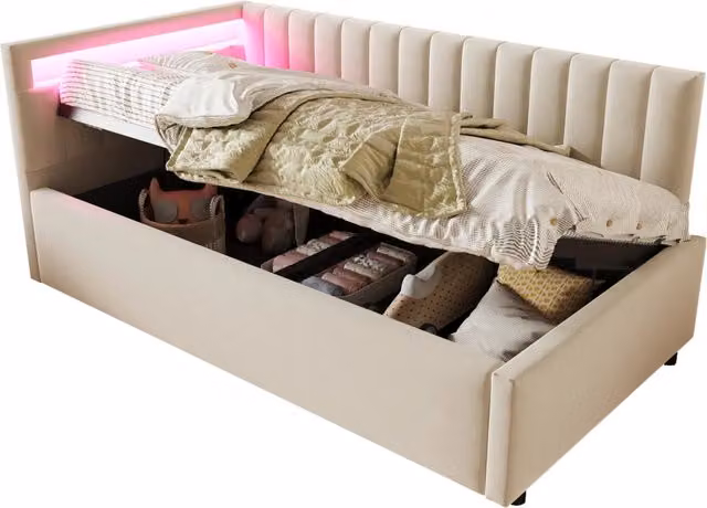 Letto a Divanetto con Contenitore e Illuminazione LED in Velluto Beige L/P: 90 x 200 cm