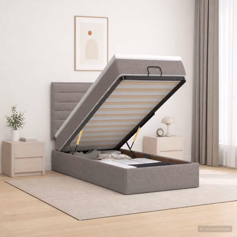Letto Ottomano con Materasso e Illuminazione LED vidaXL, Colore Tortora, L/P/H: 90 x 190 x 88 cm