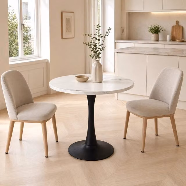 Tavolo rotondo moderno REDOM in MDF effetto marmo bianco e metallo nero, Diametro: 80 cm