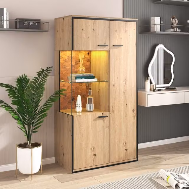 Vetrina Moderna Aosom con Ante in Vetro, Illuminazione Integrata e Mensole Interne, Colore Marrone e Beige, H: 150 cm, L: 78 cm, P: 40 cm