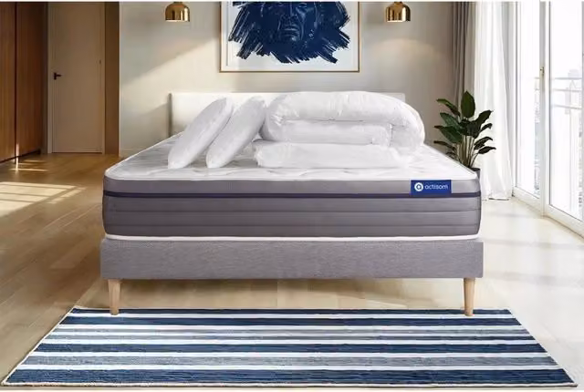 Set letto completo Actisom Hybrid grigio con materasso in memory foam, box spring con doghe, 2 cuscini e piumino L/P: 180 x 200 cm
