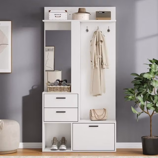 Guardaroba da ingresso Mivray bianco con specchio, cassetti interni e ripiani, L: 90 cm, P: 30 cm, H: 180 cm