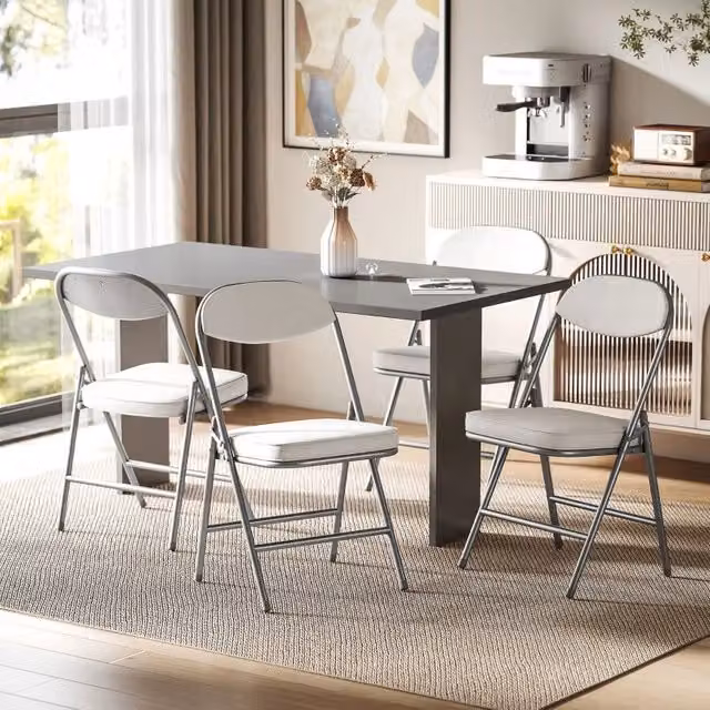 Set di 4 sedie pieghevoli WISHDOR imbottite in tessuto bianco, struttura in metallo e plastica, impilabili, ideali per cucina, sala da pranzo o ufficio domestico