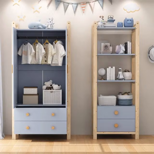 Guardaroba Mivray con libreria e cassetti, finitura blu e legno, H 180.5 x L 90.0 x P 44.0 cm