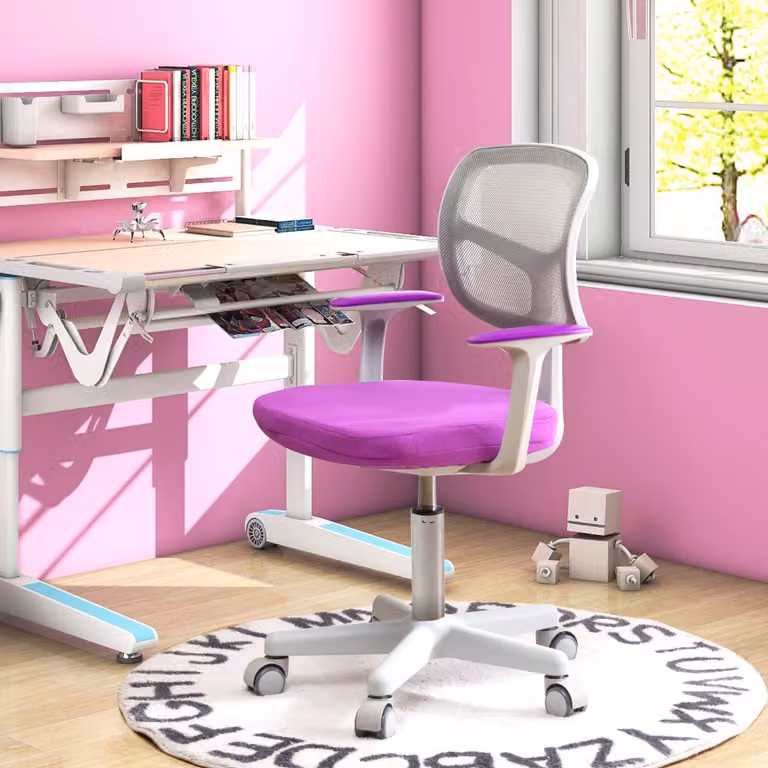 Sedia da scrivania girevole per bambini Costway, sedile in tessuto con braccioli, colore porpora