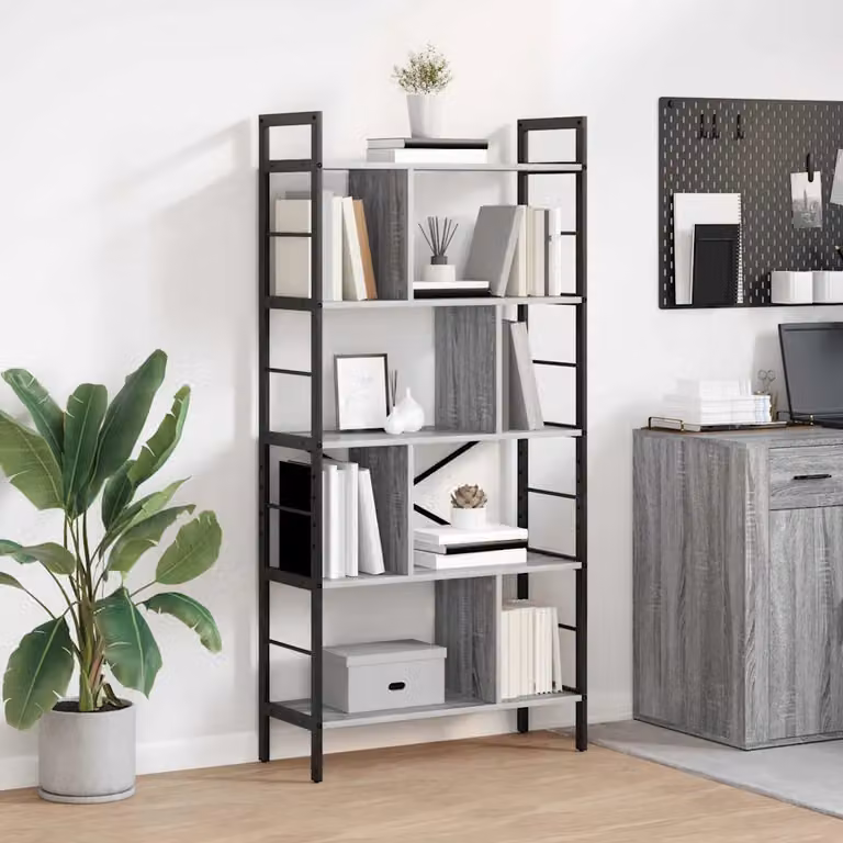 Libreria vidaXL in stile industrial con 9 livelli, colore grigio, realizzata in legno e metallo, L 75 cm x P 30 cm x H 156 cm