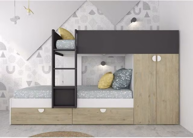 Letto a castello moderno per bambini con armadio e cassetti, colore marrone e antracite, L/P/H: 190 x 90 x 147 cm