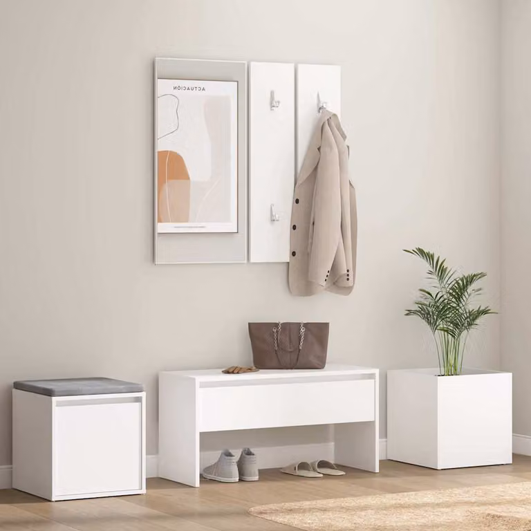 vidaXL Set di Mobili da Corridoio Moderno Bianco in Legno e Plastica con Panca, Specchio, Pensile e Scarpiera