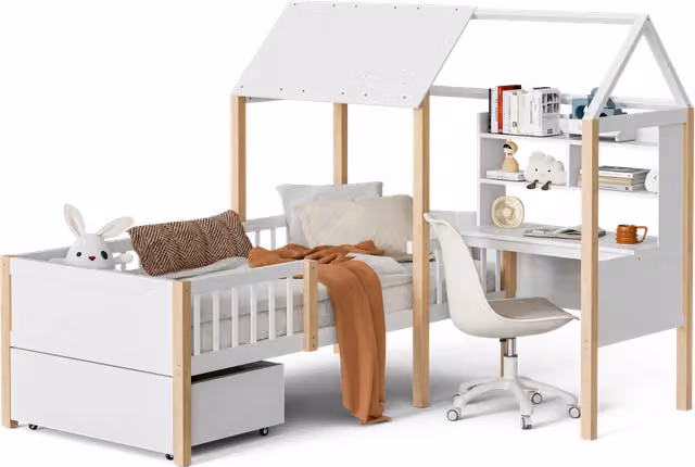 Letto Casetta Stilvora per bambini in legno bianco con scrivania, libreria e cassetti, L/P/H: 90 x 200 x 164,5 cm