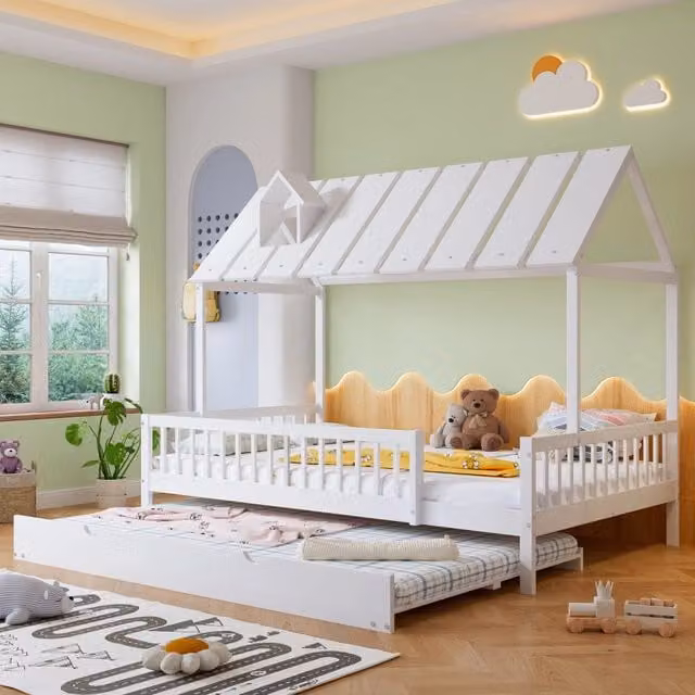 Letto a casetta WISHDOR per bambini con letto estraibile e cassetti, bianco, L/P/H: 200 x 120 x 169 cm