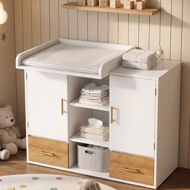 Cassettiera Fasciatoio REDOM in MDF Bianco e Naturale L: 114 cm, P: 53 cm, H: 92 cm