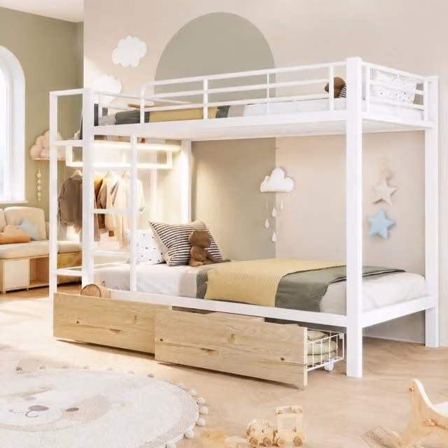 Letto a castello Mivray bianco con 2 cassetti, ripiani, barra appendiabiti e illuminazione LED, L/P/H: 200 x 90 x 226,5 cm