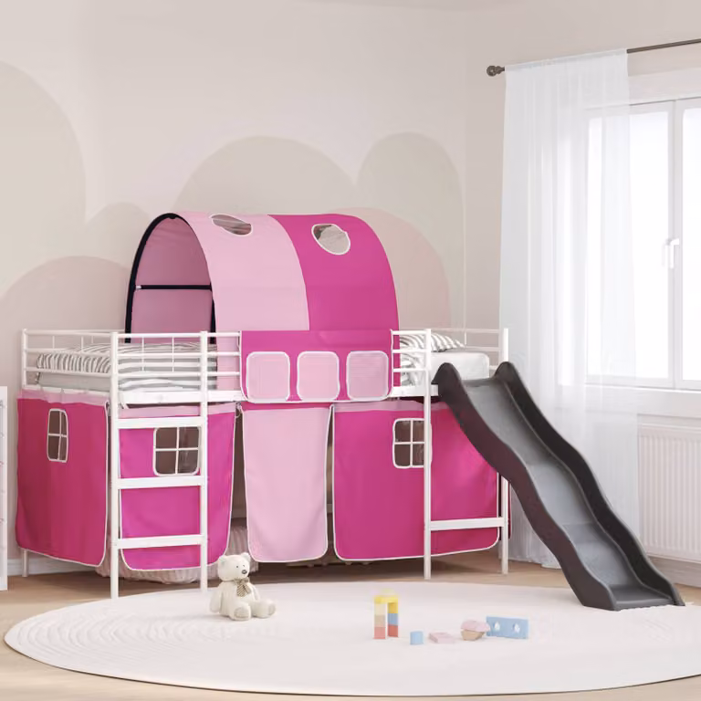 vidaXL Letto a castello per bambini con struttura a casetta e scala, Metallo, Bianco, Rosa e Nero, H: 205 cm, L: 112 cm, P: 116 cm