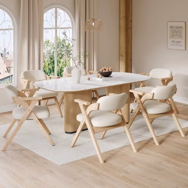 Set di 6 sedie pieghevoli da pranzo WISHDOR in legno massello con braccioli e rivestimento in lino beige