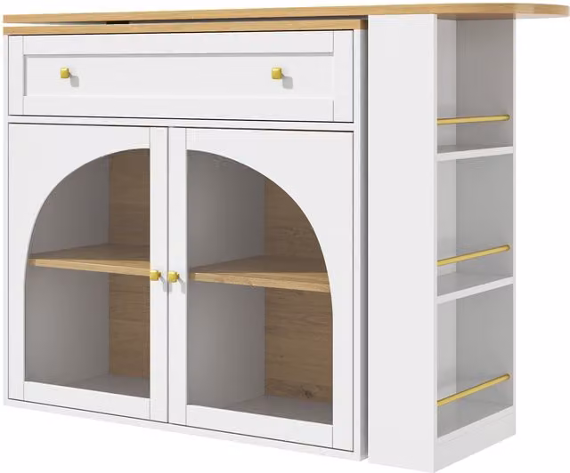 Tavolo bar allungabile bianco con piano girevole a 360°, scaffale laterale a 3 ripiani e ante in vetro di sicurezza, L: 138-204 cm, P: 39 cm, H: 104 cm