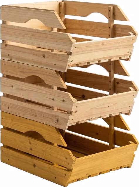 Supporto per frutta e verdura Outsunny in legno di pino con 3 cestelli rimovibili, colore naturale, L 37,5 cm x P 27 cm x H 60 cm