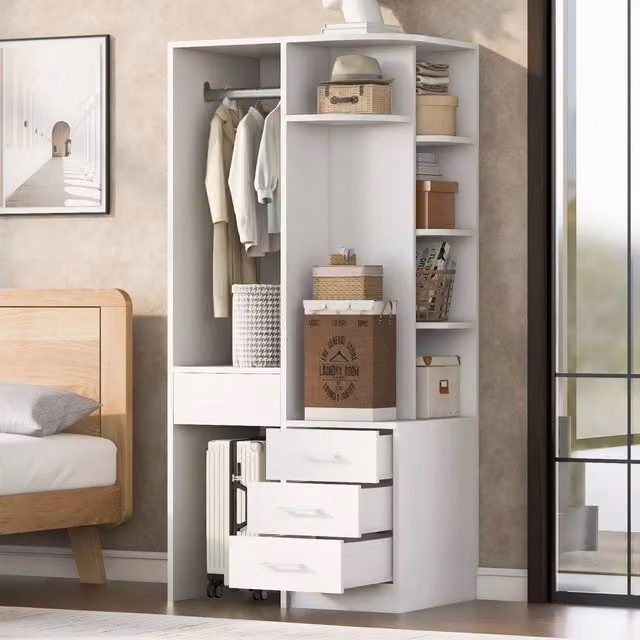 Armadio guardaroba moderno bianco con ante a battente, cassetti interni, ripiani e barra appendiabiti, L: 70 cm, P: 55 cm, H: 175 cm
