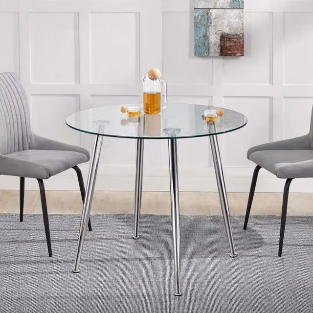 Tavolo rotondo moderno Humppila en.casa con piano in vetro trasparente e gambe in acciaio cromato, Diametro: 87 cm, Altezza: 75 cm