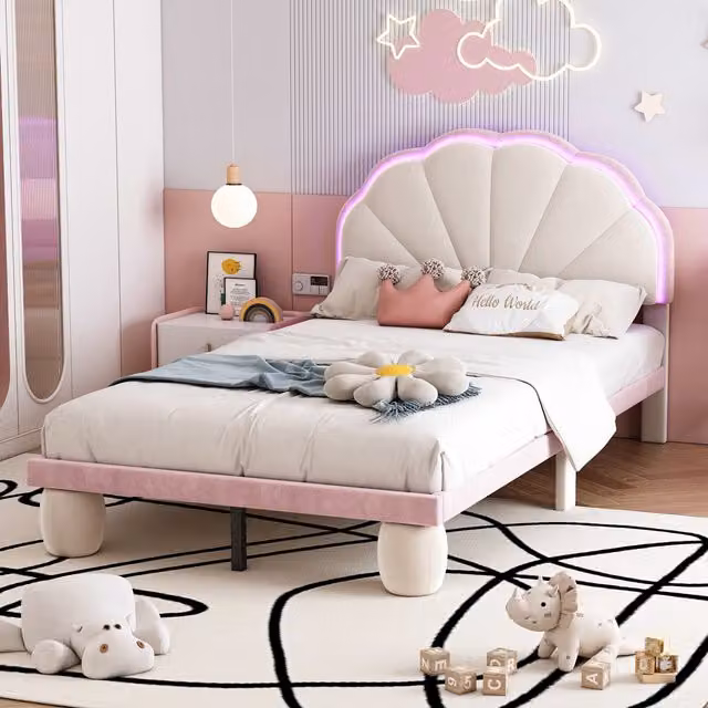 Letto Imbottito per Cameretta Aosom Italy con LED, Testiera Ondulata e Rivestimento in Velluto, Bianco e Rosa, 90 x 200 cm