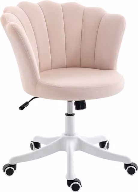 Sedia da ufficio girevole HOMCOM in velluto rosa e bianco con schienale a petalo e ruote, regolabile e moderna per home office